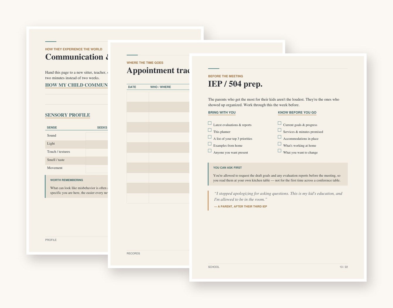 A peek inside the In Your Corner care & advocacy planner â€” a few of the tracking pages