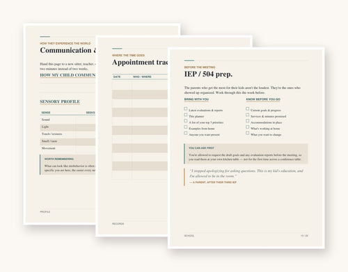 A peek inside the In Your Corner care & advocacy planner â€” a few of the tracking pages